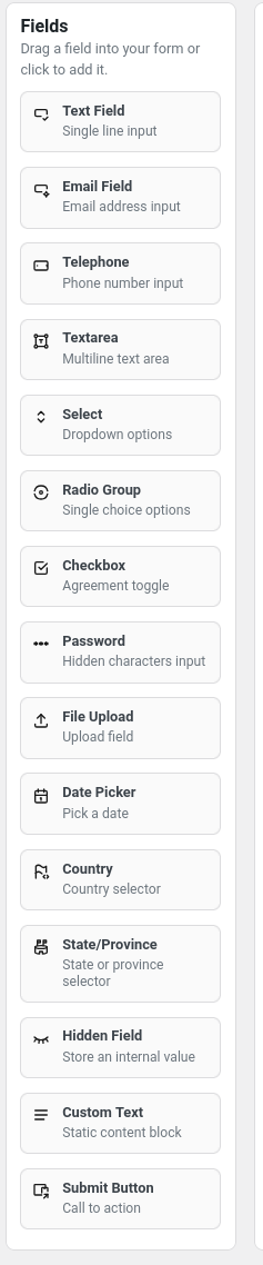 Available fields for drag-and-drop
