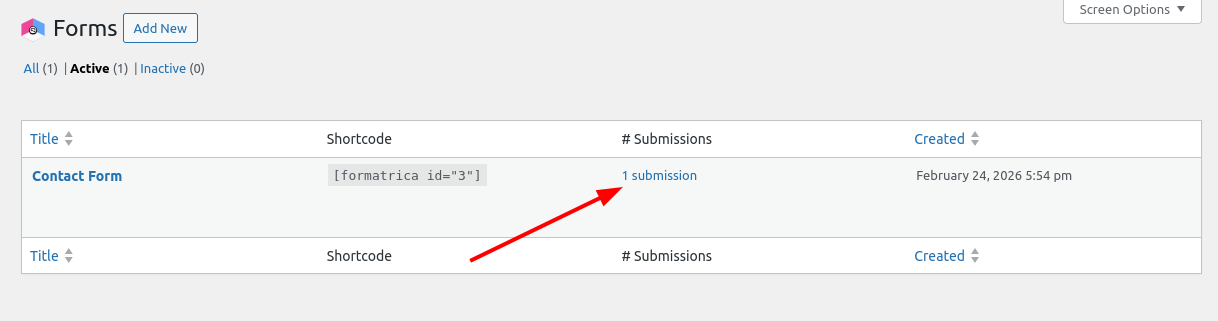 WordPress form submissions list