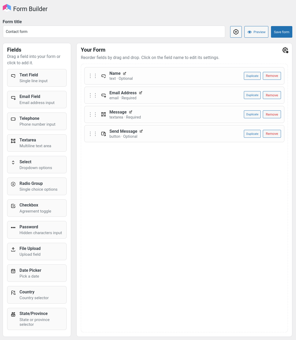 WordPress form builder view