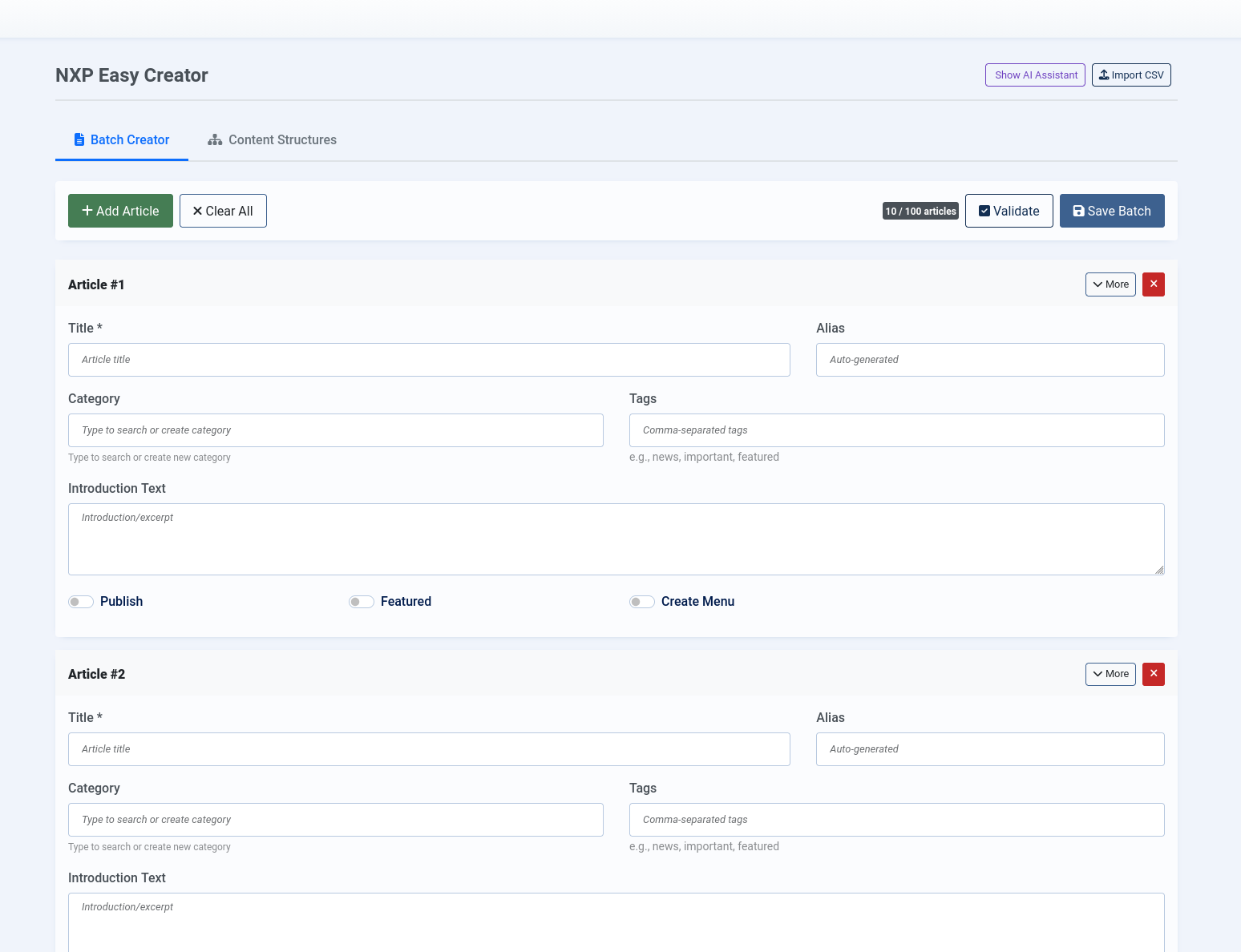 Main batch creator page