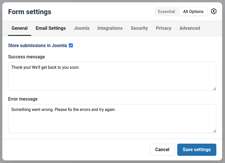 Joomla form email settings (general)