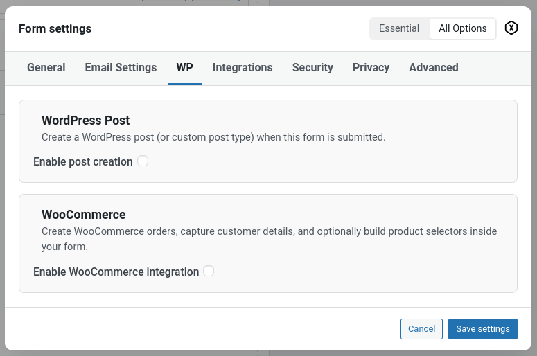 WordPress integrations settings
